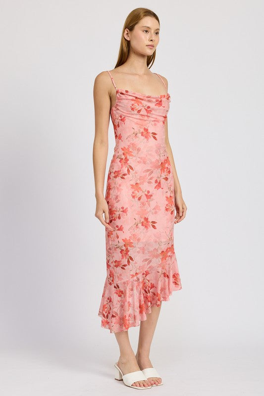 FLORAL ASYMMETRICAL DRESS WITH RUFFLE DETAIL