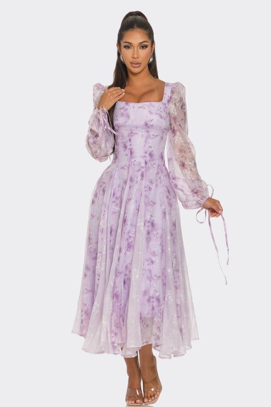 LAVENDER BLOSSOM PUFF SLEEVE DRESS