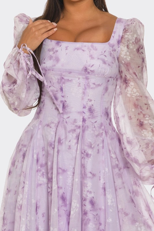 LAVENDER BLOSSOM PUFF SLEEVE DRESS