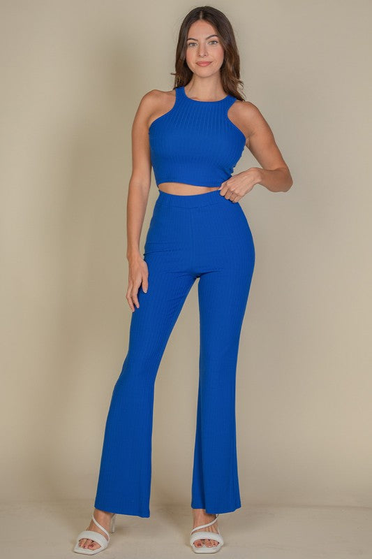 RIBBED CROPPED TOP AND BOOTCUT PANTS SET