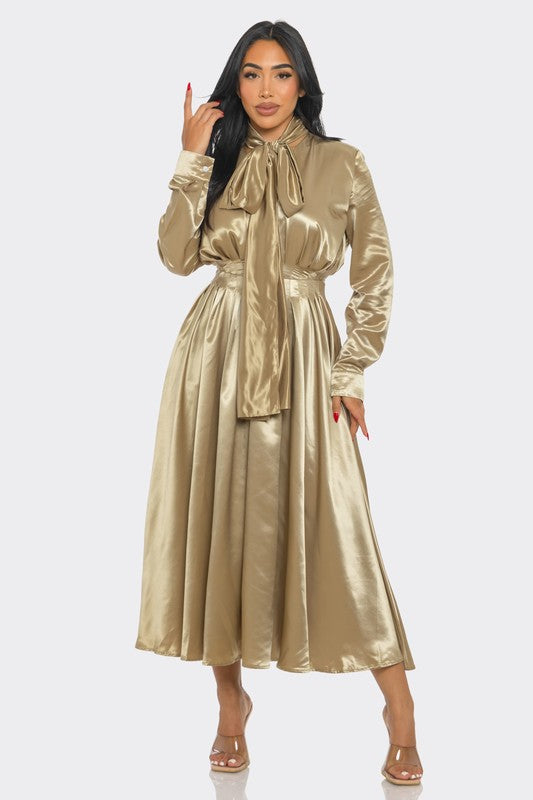 SATIN BOW TIE MIDI DRESS