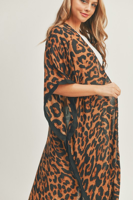 LEOPARD PRINT FRONT OPEN LONG KIMONO COVER UP