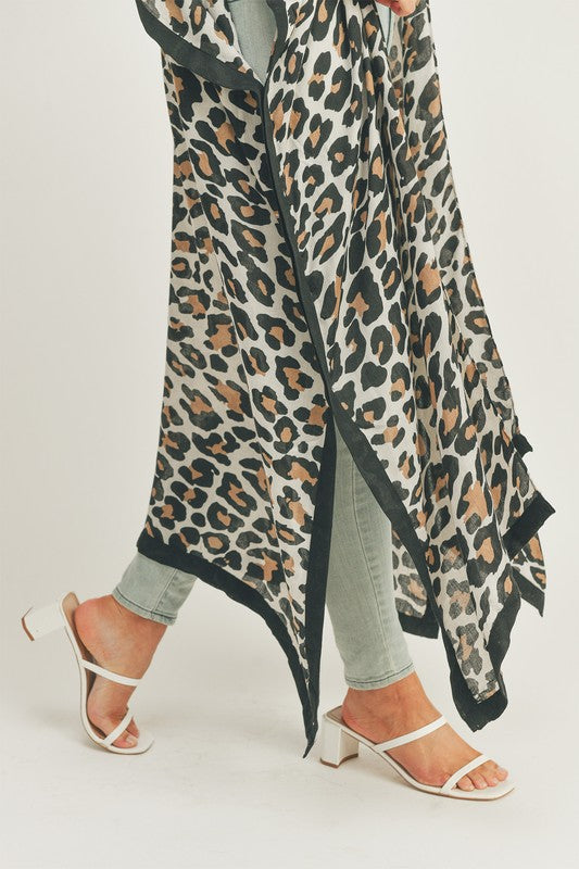 LEOPARD PRINT FRONT OPEN LONG KIMONO COVER UP