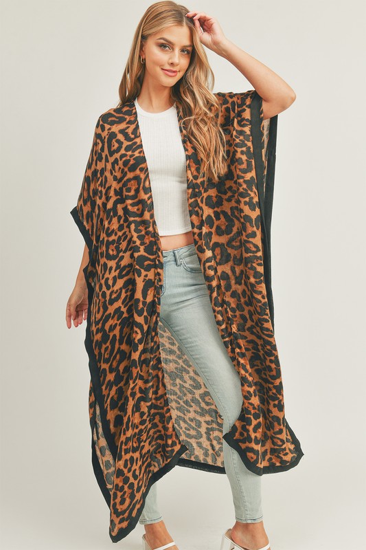 LEOPARD PRINT FRONT OPEN LONG KIMONO COVER UP