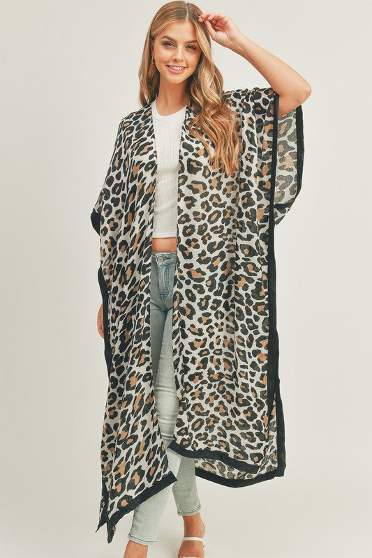 LEOPARD PRINT FRONT OPEN LONG KIMONO COVER UP