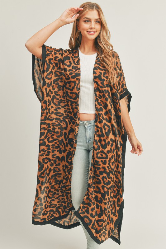 LEOPARD PRINT FRONT OPEN LONG KIMONO COVER UP