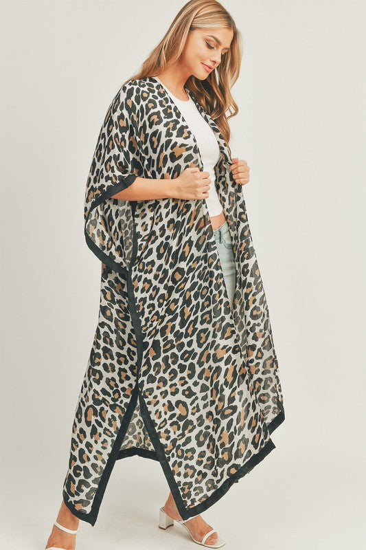 LEOPARD PRINT FRONT OPEN LONG KIMONO COVER UP