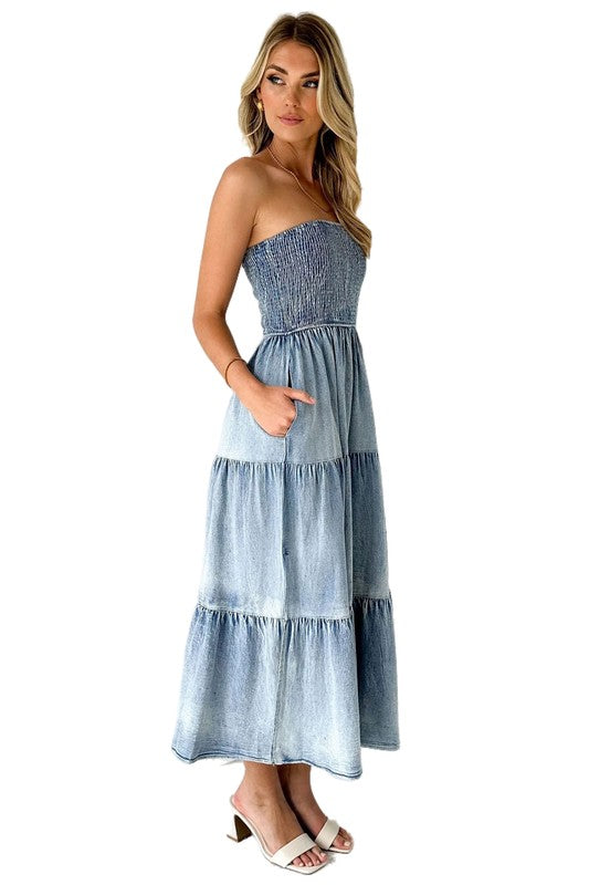 STRAPLESS TIERED DENIM MAXI DRESS