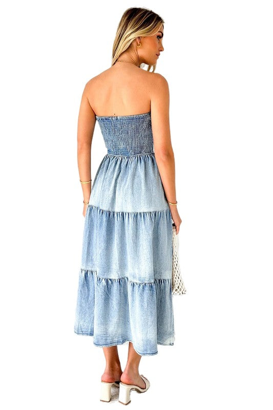 STRAPLESS TIERED DENIM MAXI DRESS