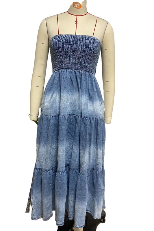 STRAPLESS TIERED DENIM MAXI DRESS