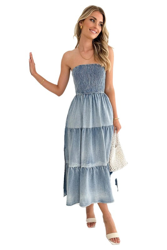 STRAPLESS TIERED DENIM MAXI DRESS