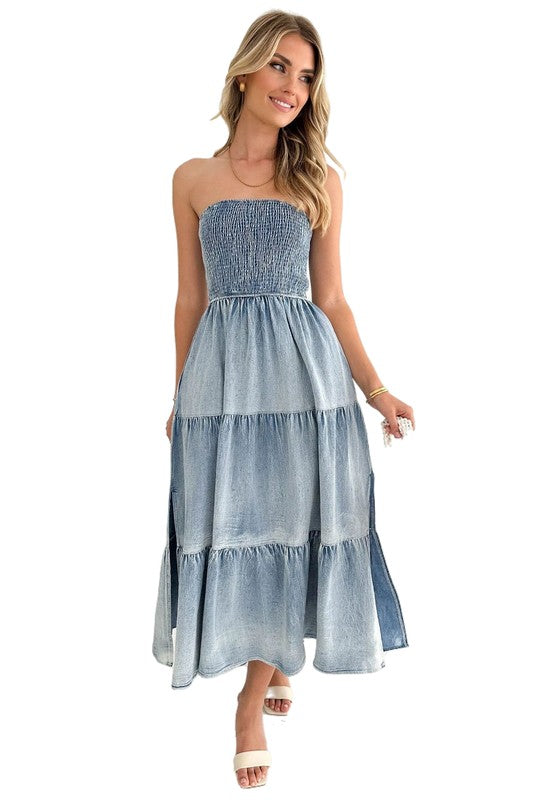 STRAPLESS TIERED DENIM MAXI DRESS