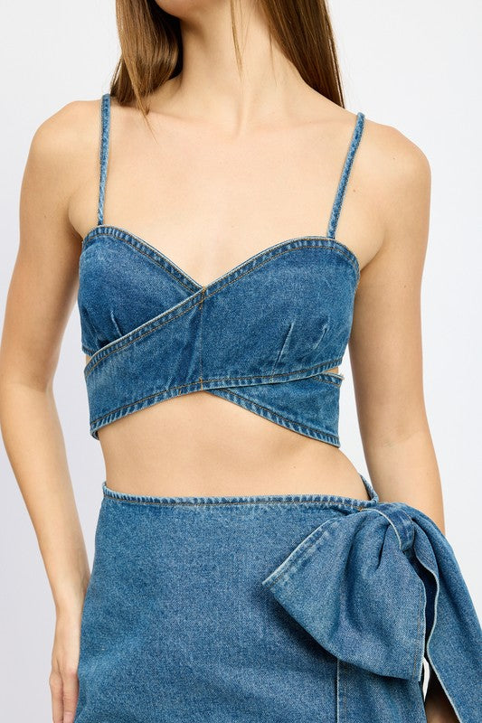 WRAPPED DETAIL DENIM TOP