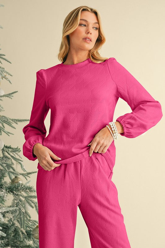 TEXTURED PUFF SLEEVE TOP AND PANTS SET