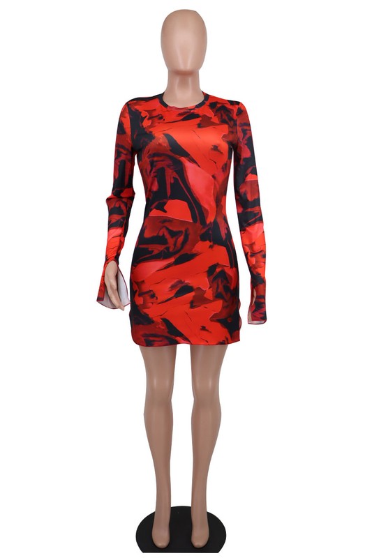 LONG SLEEVE PRINTED MESH MINI DRESS