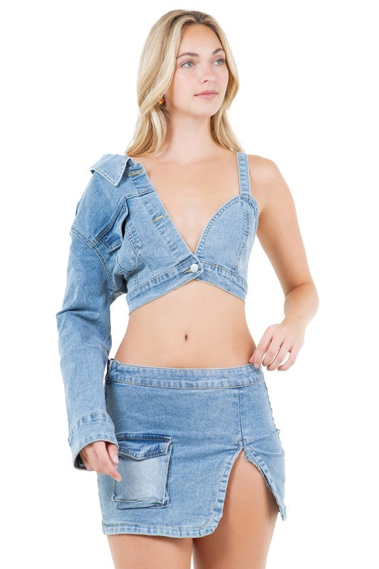 DENIM CROP TOP AND MINI SKIRT SET