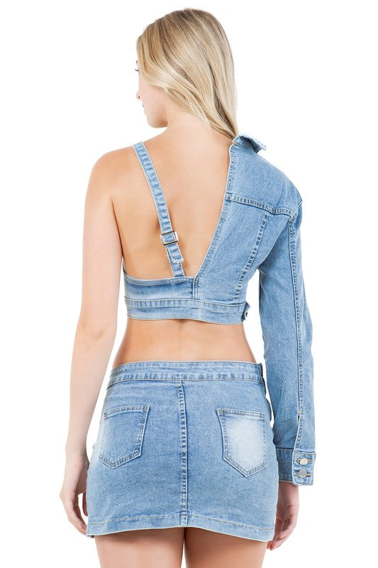 DENIM CROP TOP AND MINI SKIRT SET