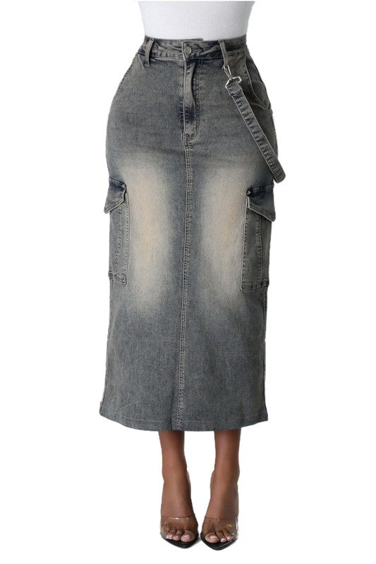 CARGO DENIM MIDI SKIRT