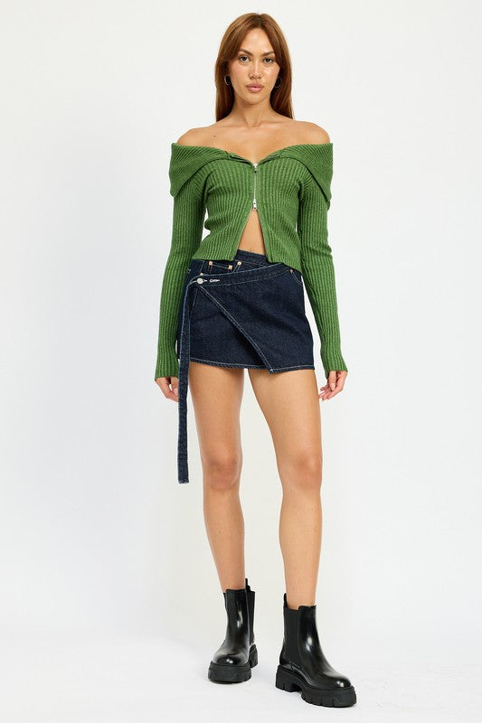 ZIP FRONT BARDOT SHOULDER TOP