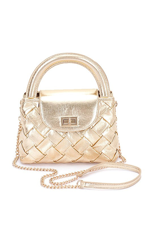 WEAVED METALLIC FAUX LEATHER TOP HANDLE BAG