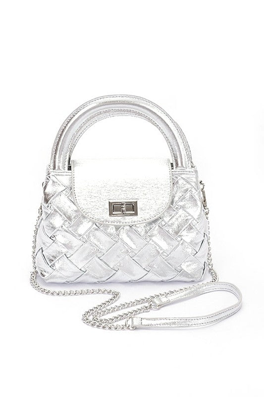 WEAVED METALLIC FAUX LEATHER TOP HANDLE BAG