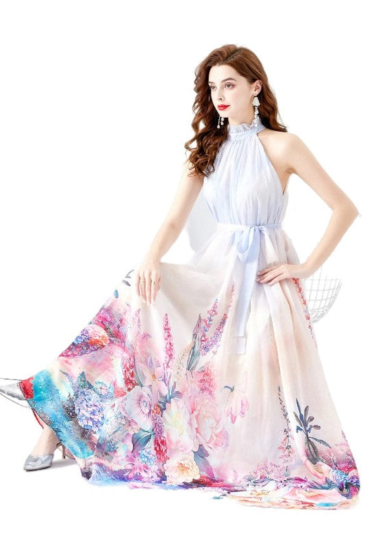 MOCK NECK CHIFFON MAXI DRESS