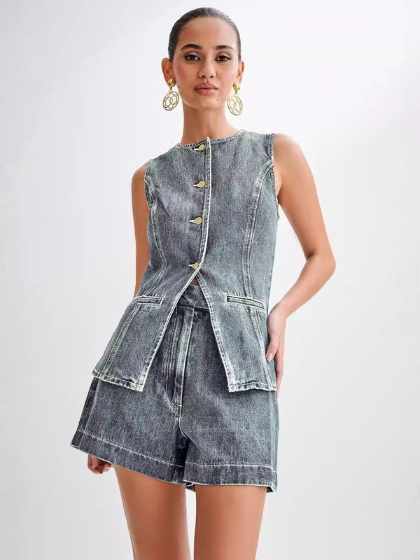 DENIM VEST AND SHORTS SET