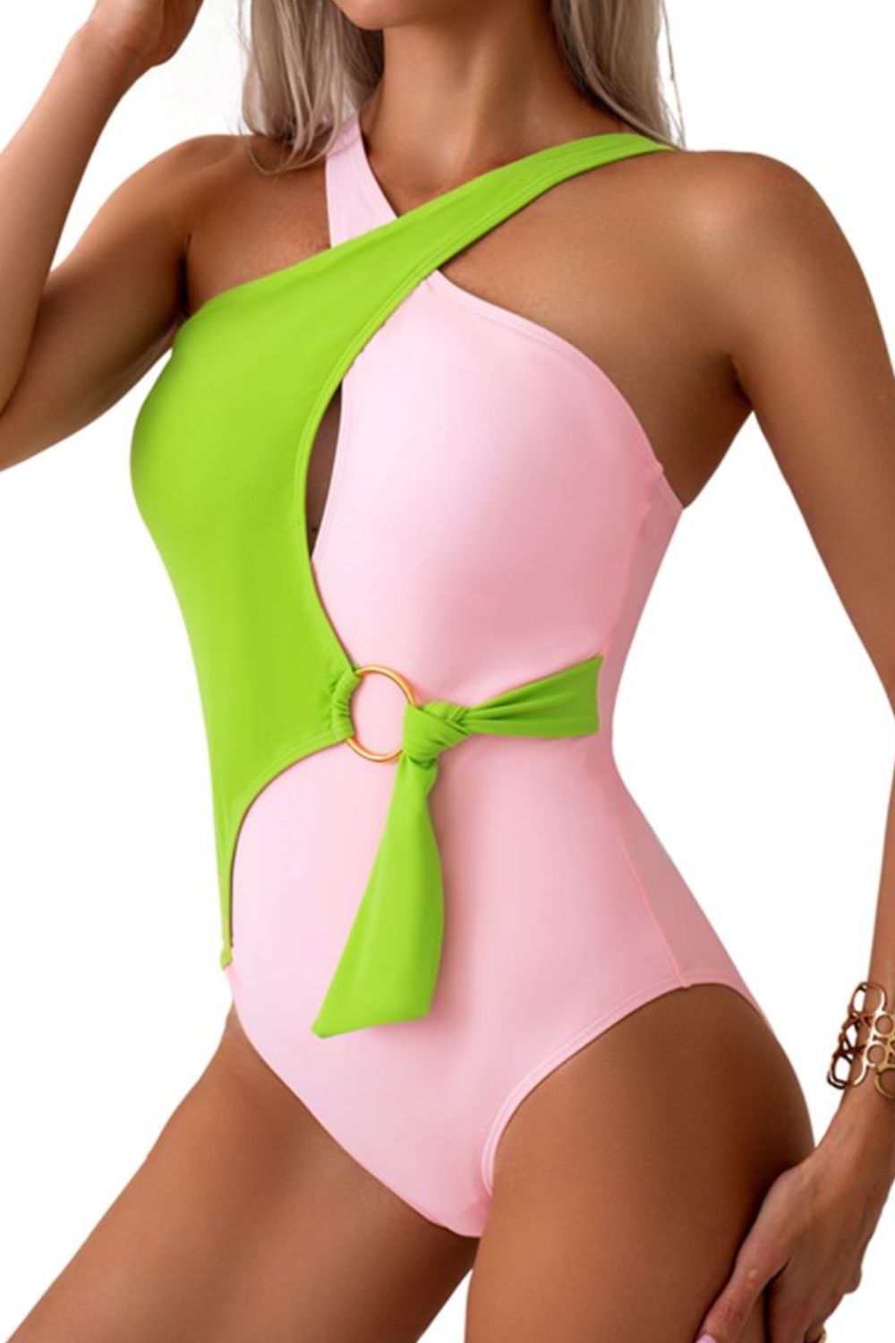 CUTOUT CONTRAST HALTER NECK ONE-PIECE SWIMSUIT