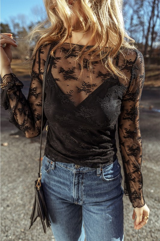 MESH PRINTED LONG SLEEVE TOP