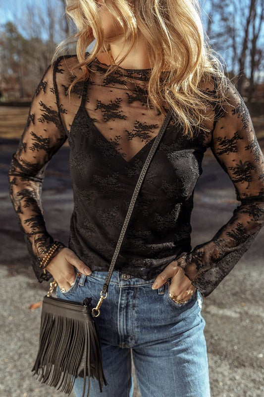 MESH PRINTED LONG SLEEVE TOP