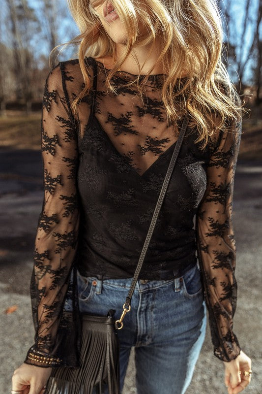 MESH PRINTED LONG SLEEVE TOP