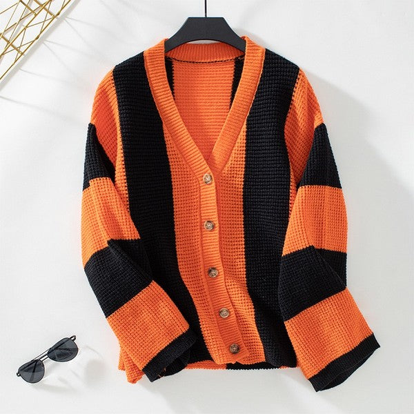 COLOR BLOCK STRIPED KNIT CARDIGAN