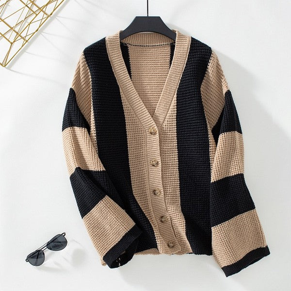 COLOR BLOCK STRIPED KNIT CARDIGAN