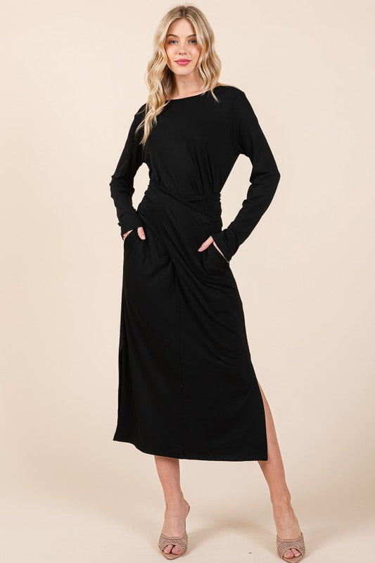 LONG SLEEVE TIE AT WAIST MIDI DRESS