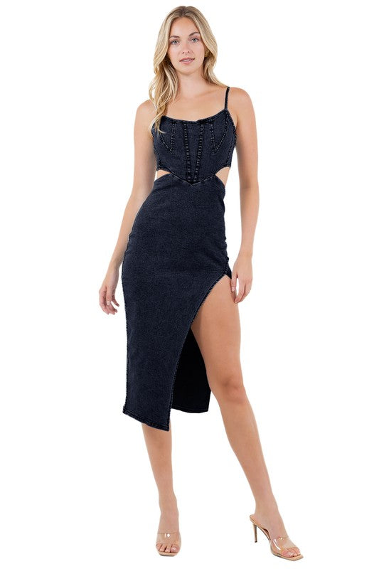 DENIM MIDI CUT-OUT DRESS