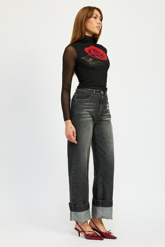 WASHED DENIM PANTS WITH FOLD CUFF DETAIL