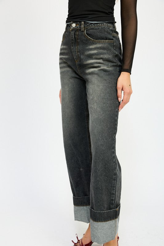 WASHED DENIM PANTS WITH FOLD CUFF DETAIL