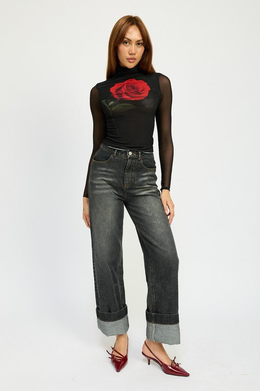 WASHED DENIM PANTS WITH FOLD CUFF DETAIL