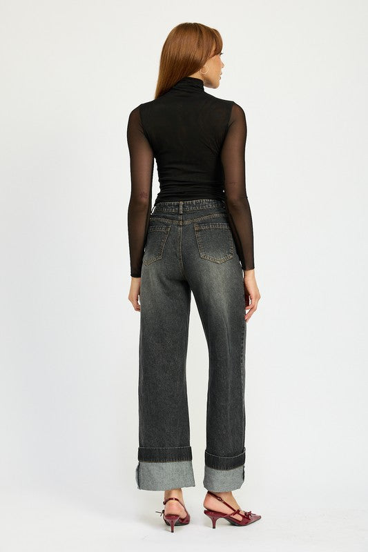 WASHED DENIM PANTS WITH FOLD CUFF DETAIL