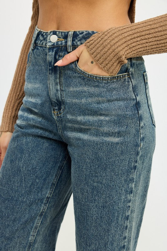 WASHED DENIM PANTS WITH FOLD CUFF DETAIL