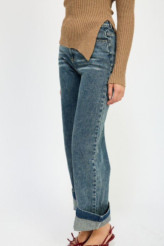 WASHED DENIM PANTS WITH FOLD CUFF DETAIL