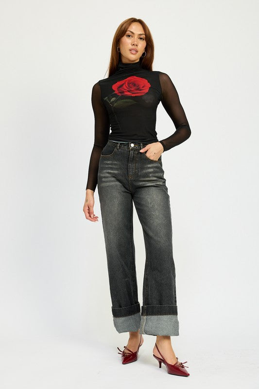 WASHED DENIM PANTS WITH FOLD CUFF DETAIL