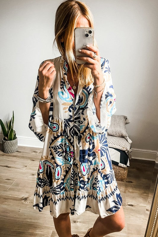 PRINTED BRACELET SLEEVE BUTTONED MINI DRESS