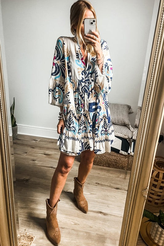 PRINTED BRACELET SLEEVE BUTTONED MINI DRESS