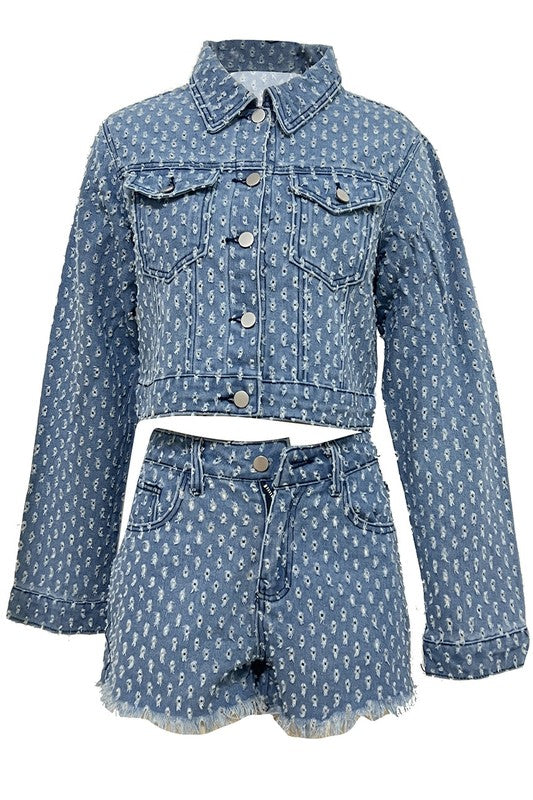 PRINTED DENIM JACKET AND SHORTS SET