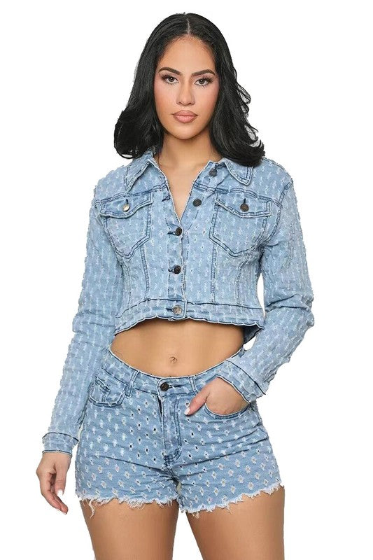 PRINTED DENIM JACKET AND SHORTS SET