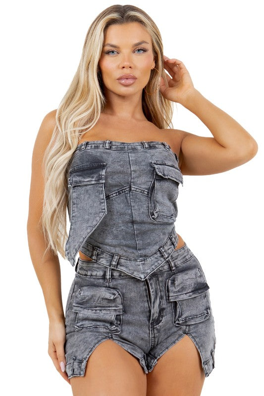 CARGO STYLE DENIM SHORTS SET