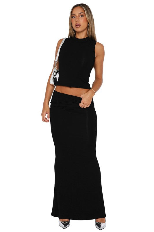 SLEEVELESS MOCK NECK CROP TOP AND MAXI SKIRT SET