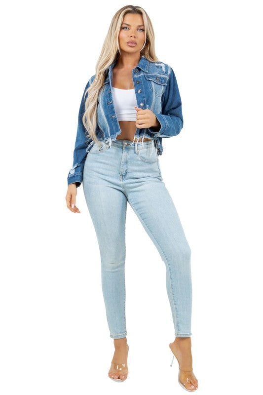 DISTRESSED CROP DENIM TRUCKER JACKET