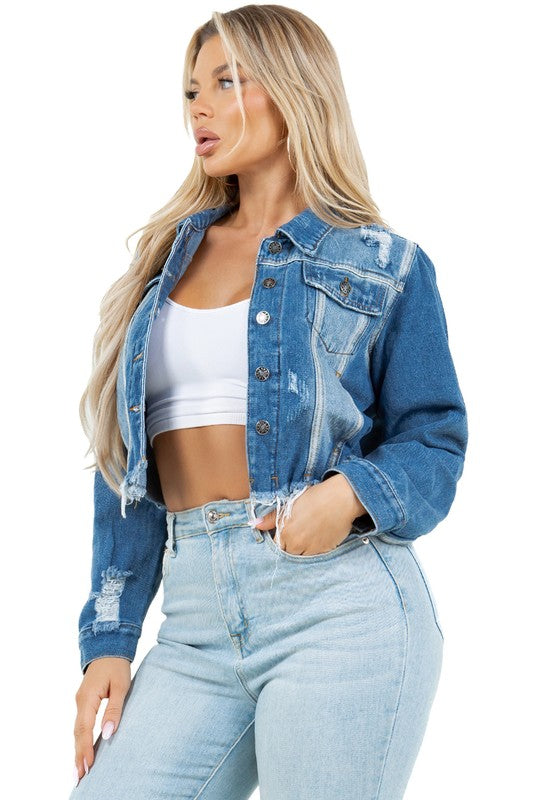 DISTRESSED CROP DENIM TRUCKER JACKET